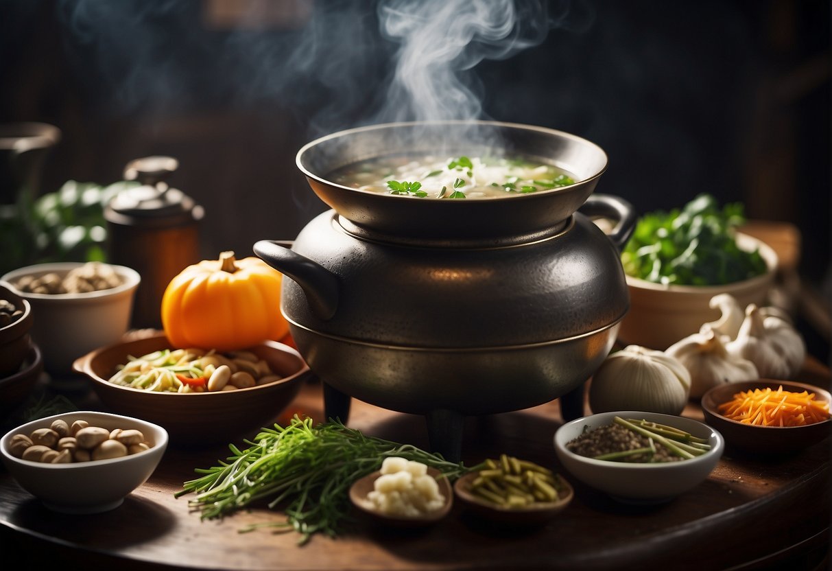 A steaming pot of Chinese tonic soup surrounded by traditional herbs and ingredients