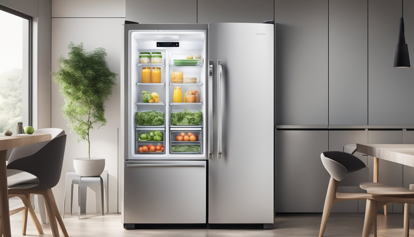 A sleek, modern fridge with Smart Refrigeration Technology branding prominently displayed on the front, surrounded by a clean, minimalist kitchen environment