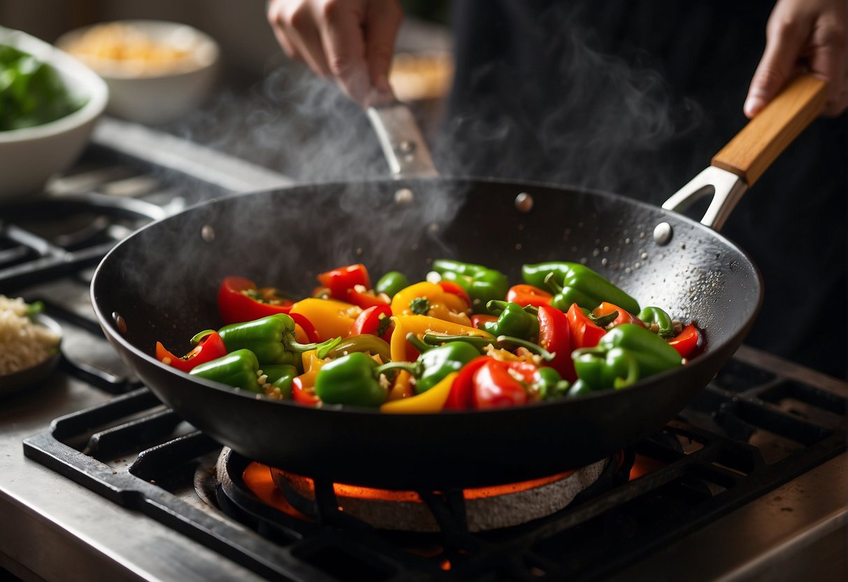Chopped capsicum sizzling in a wok with garlic and ginger, being stir-fried in a Chinese-style kitchen
