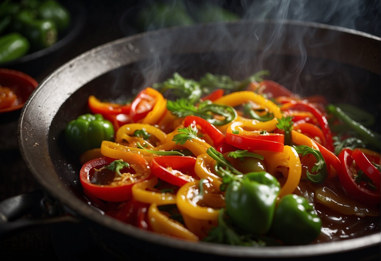 A wok sizzles with sliced capsicum, stir-frying in a fragrant Chinese-style sauce. Steam rises as the vibrant colors of the capsicum glisten in the light