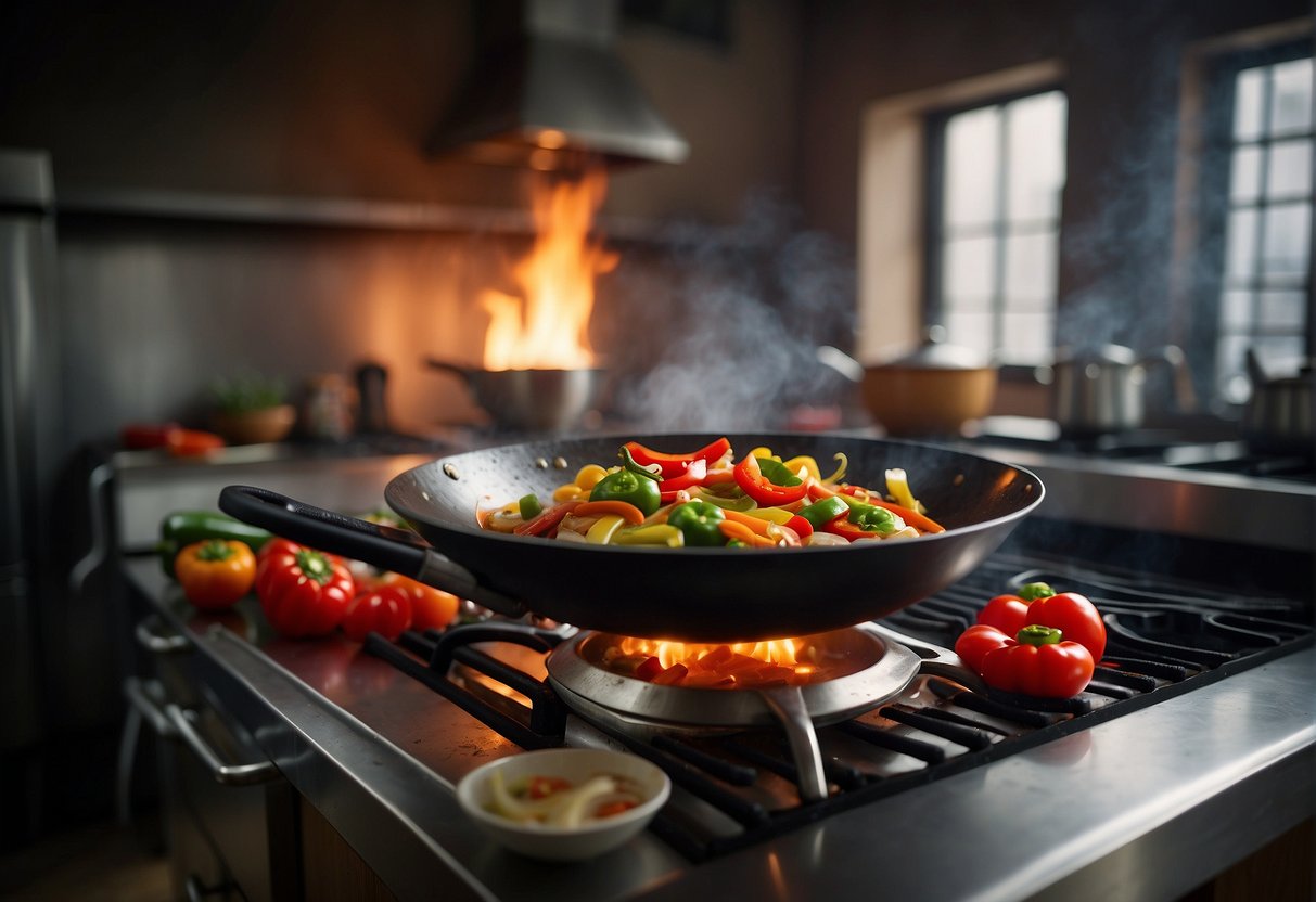 A wok sizzles with stir-fried capsicum in a Chinese kitchen, surrounded by ingredients and utensils
