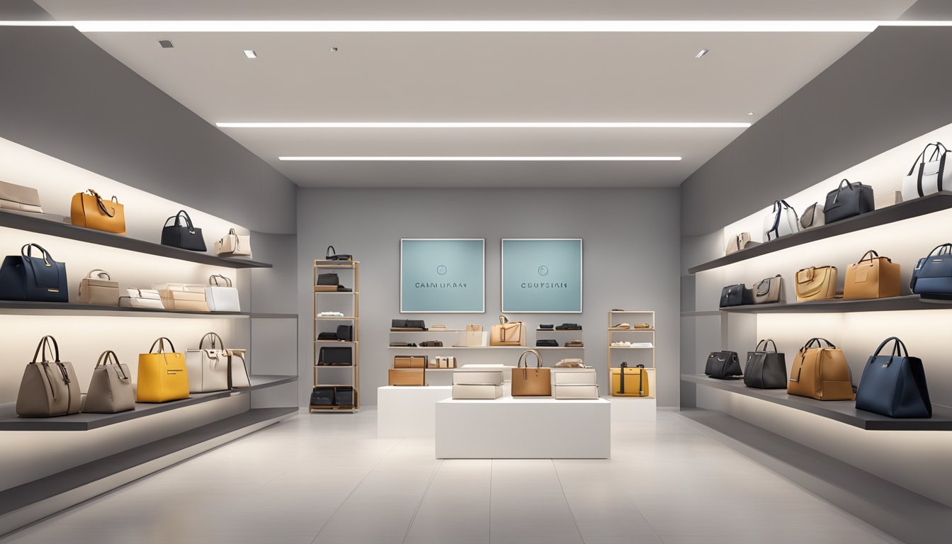 A display of German bag brands arranged on shelves in a modern, minimalist store. Bright lighting highlights the sleek designs and high-quality materials