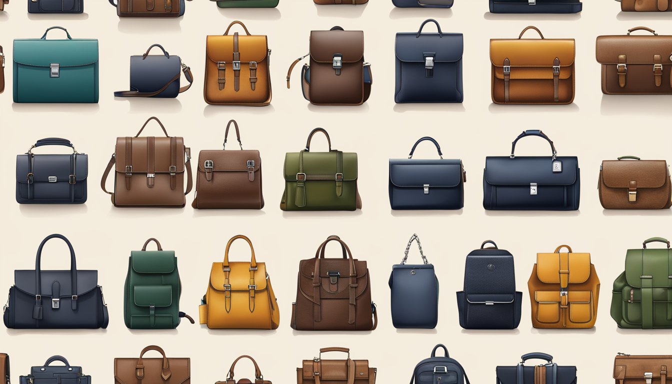 A display of iconic German bag brands showcasing their diverse offerings, from sleek leather briefcases to stylish backpacks and functional crossbody bags