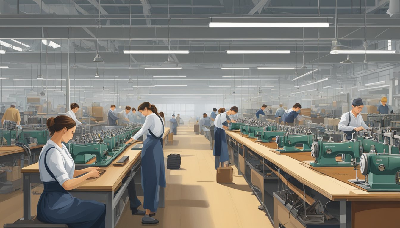 A German bag manufacturing facility showcases high-quality materials and precision craftsmanship. Rows of sewing machines hum as workers meticulously assemble leather and fabric into stylish and durable bags