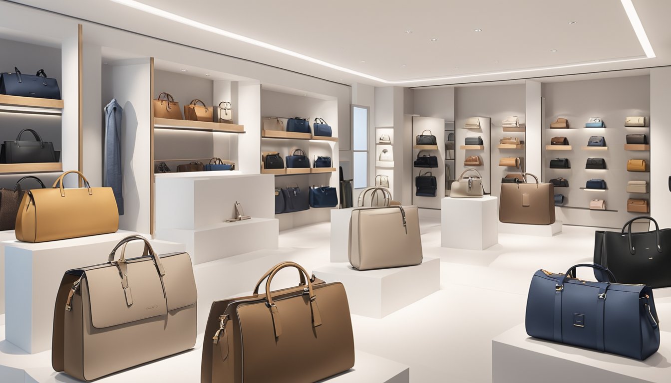 A display of modern, sleek German bag designs with minimalist logos, neutral colors, and durable materials. Trendy consumers browsing and comparing styles in a spacious, well-lit showroom