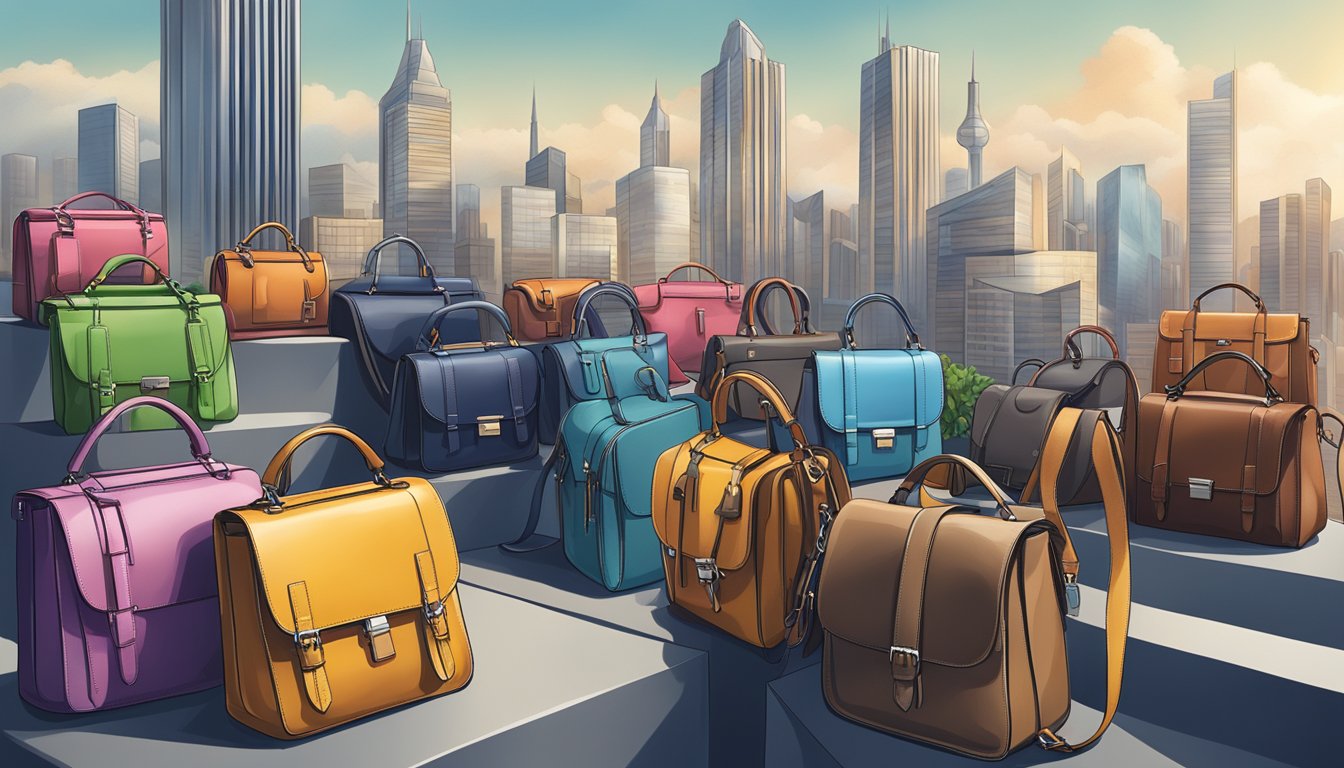 A group of modern, sleek German bag brands stand out against a backdrop of urban cityscape, symbolizing emerging talents and a promising future outlook