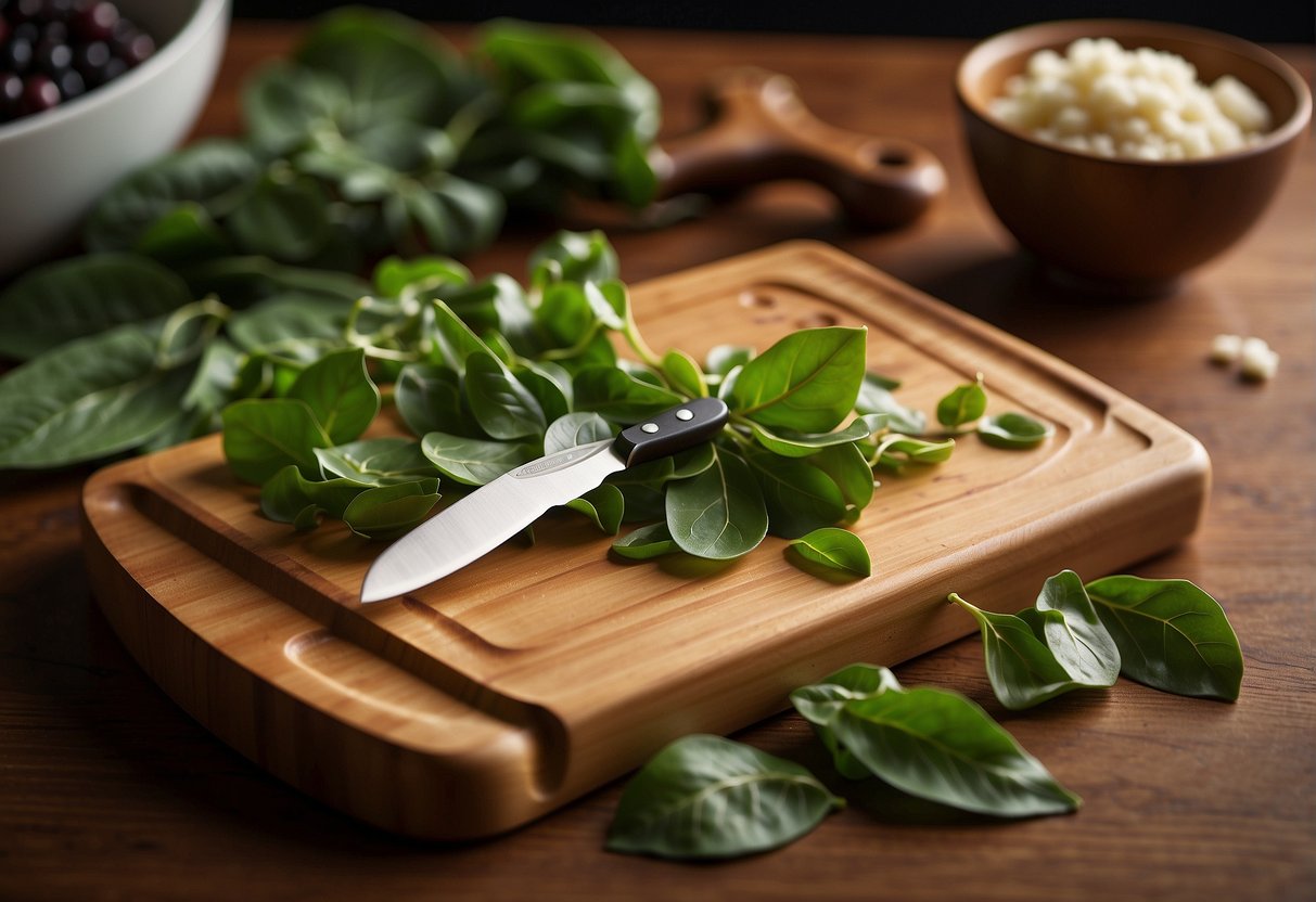 A wooden cutting board with fresh Chinese toon leaves, a knife, and a bowl of chopped toon ready for cooking