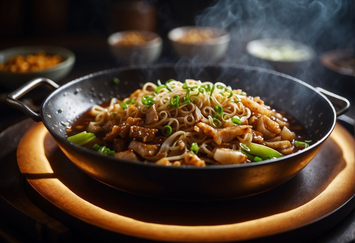 A wok sizzles with simmering tripe in a fragrant blend of soy sauce, ginger, and spices. Steam rises as the dish is garnished with green onions and served on a traditional Chinese plate