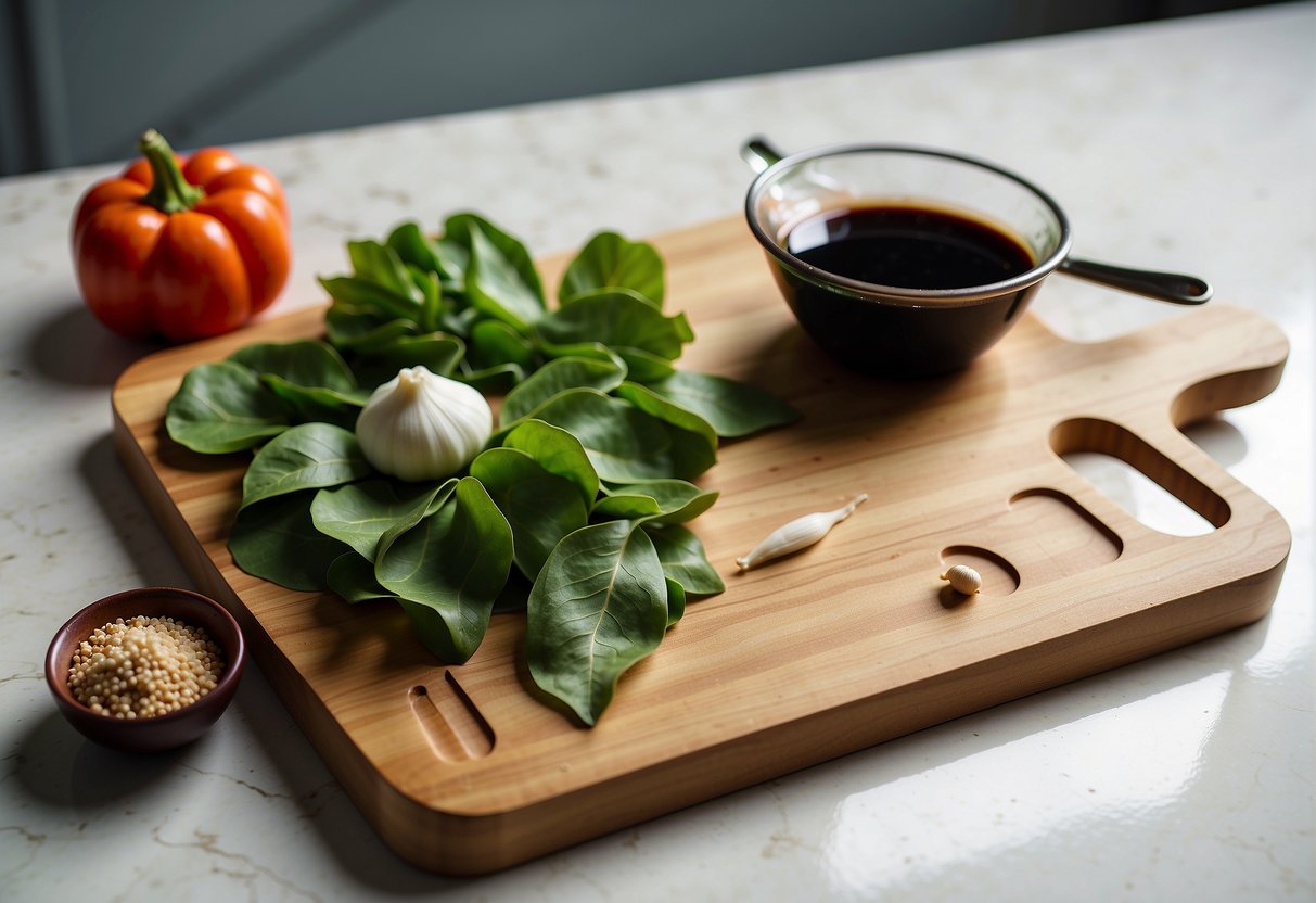 A cutting board with fresh Chinese toon leaves, a knife, garlic, soy sauce, and a mixing bowl