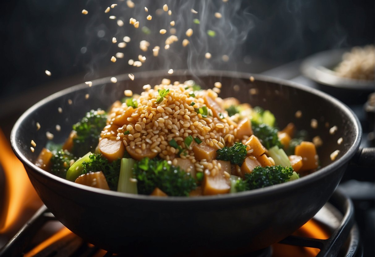 Chinese toon leaves sizzling in a hot wok. Chopped garlic and ginger add aroma. A splash of soy sauce and a sprinkle of sesame seeds complete the dish