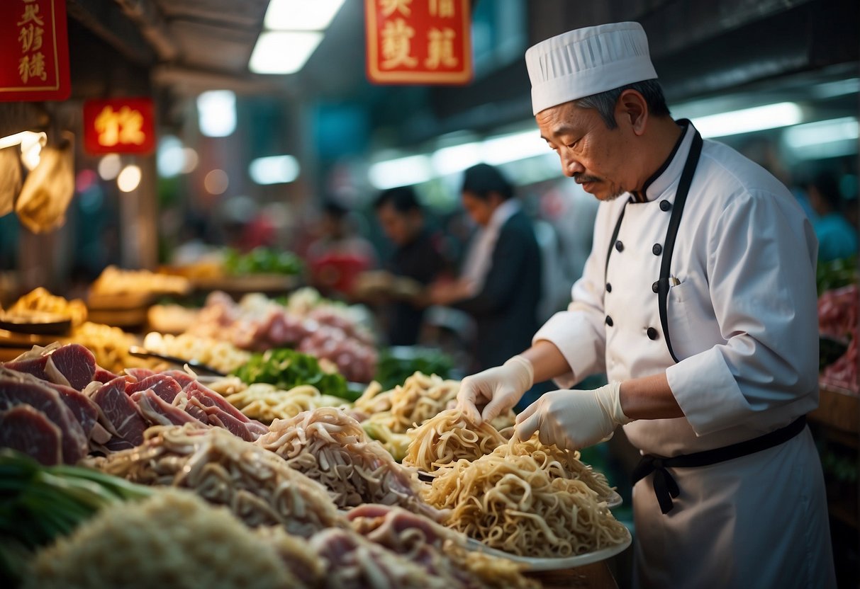 A chef carefully selects fresh tripe from a display of various cuts of meat in a bustling Chinese market