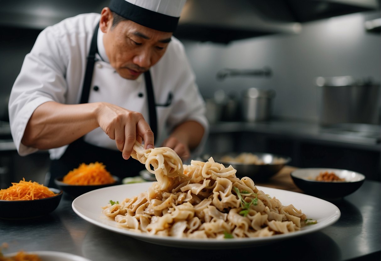 A chef slices and cleans tripe, then marinates it with soy sauce, ginger, and garlic for a Chinese tripe recipe