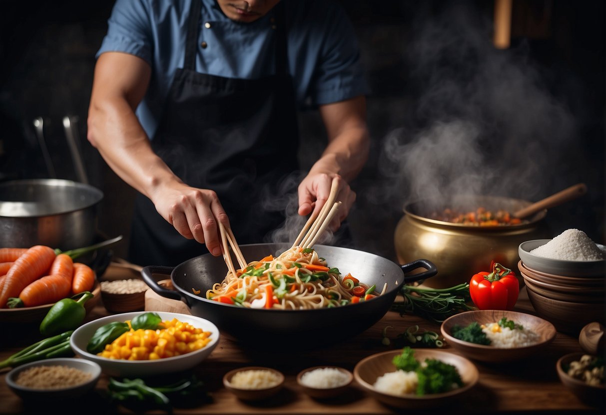 A chef mixing ingredients in a wok while surrounded by various Chinese cooking utensils and a stack of recipe books