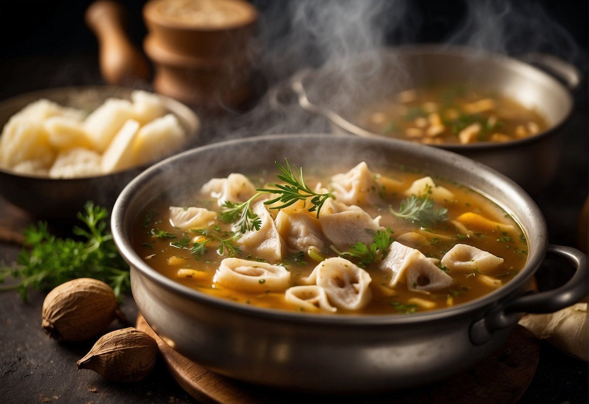 Tripe simmering in a savory broth, surrounded by aromatic spices and herbs, with steam rising from the pot