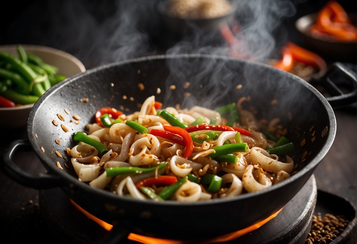 A steaming wok sizzles with tender tripe strips, surrounded by ginger, garlic, and chili peppers. A splash of soy sauce and a sprinkle of green onions add the finishing touch