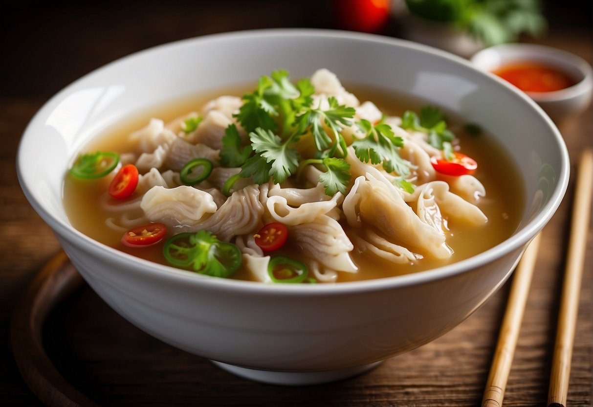 A bowl of steaming Chinese tripe soup is placed on a wooden table, garnished with fresh green onions and red chili peppers
