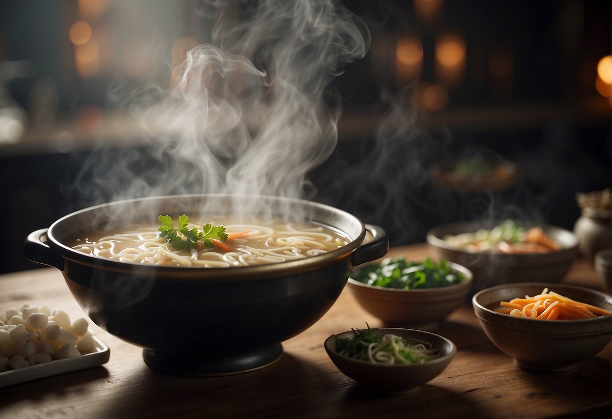 A steaming pot of Chinese tripe soup, with aromatic spices and herbs floating on the surface, surrounded by bowls and chopsticks