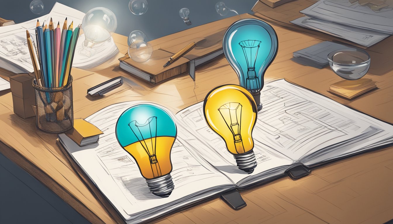 A lightbulb illuminates a group of brainstorming materials, symbolizing the birth of Guess brand