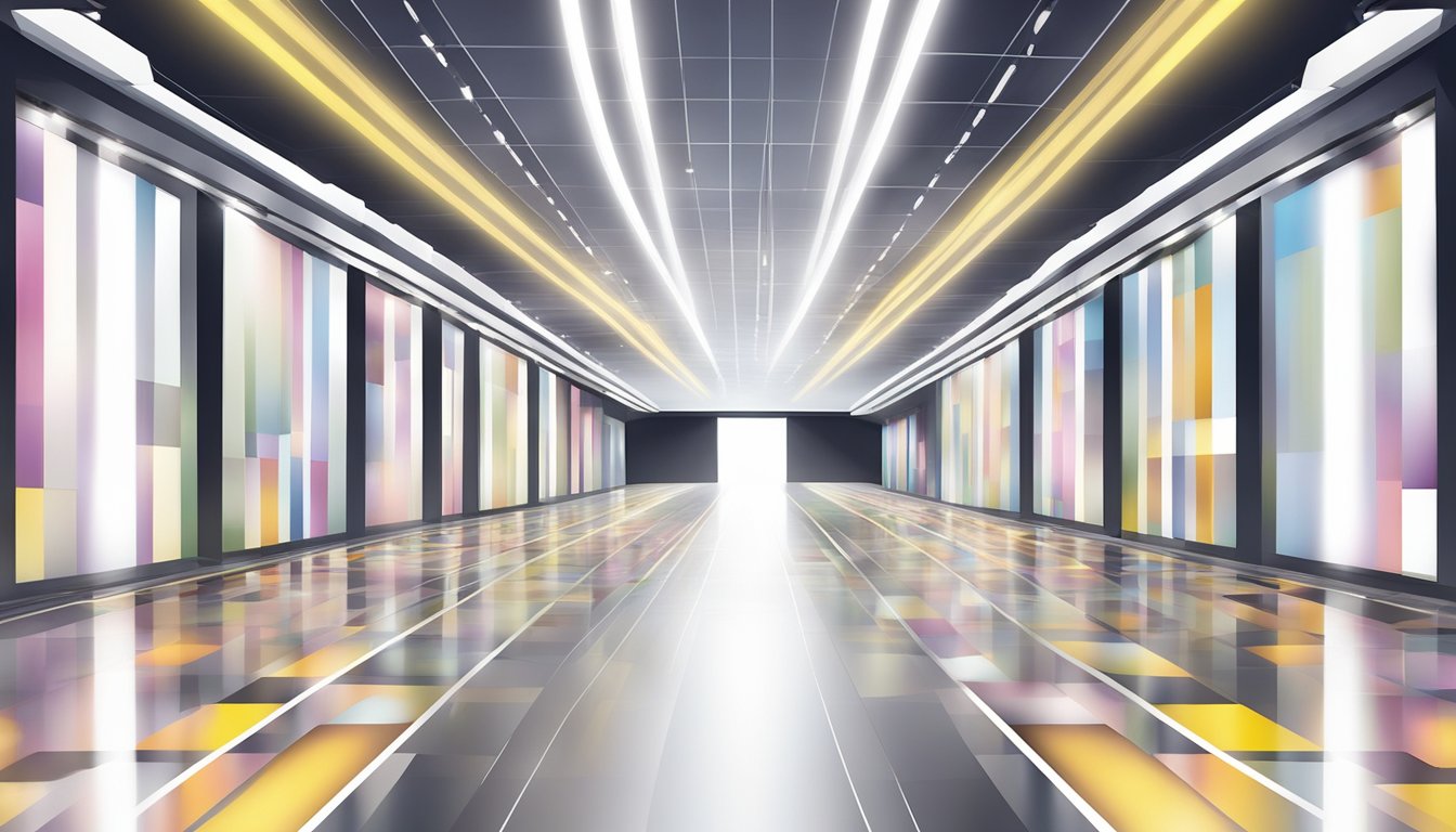 A runway with spotlights on iconic fashion lines' logos