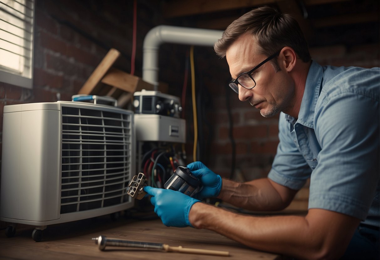 A homeowner inspects HVAC system components with tools and a manual, cleaning filters and checking for leaks and loose connections