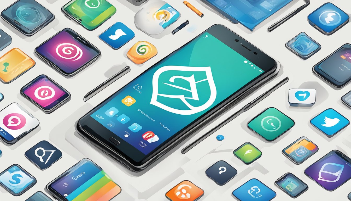 A modern, sleek smartphone displaying the Guess brand logo, surrounded by digital elements and social media icons