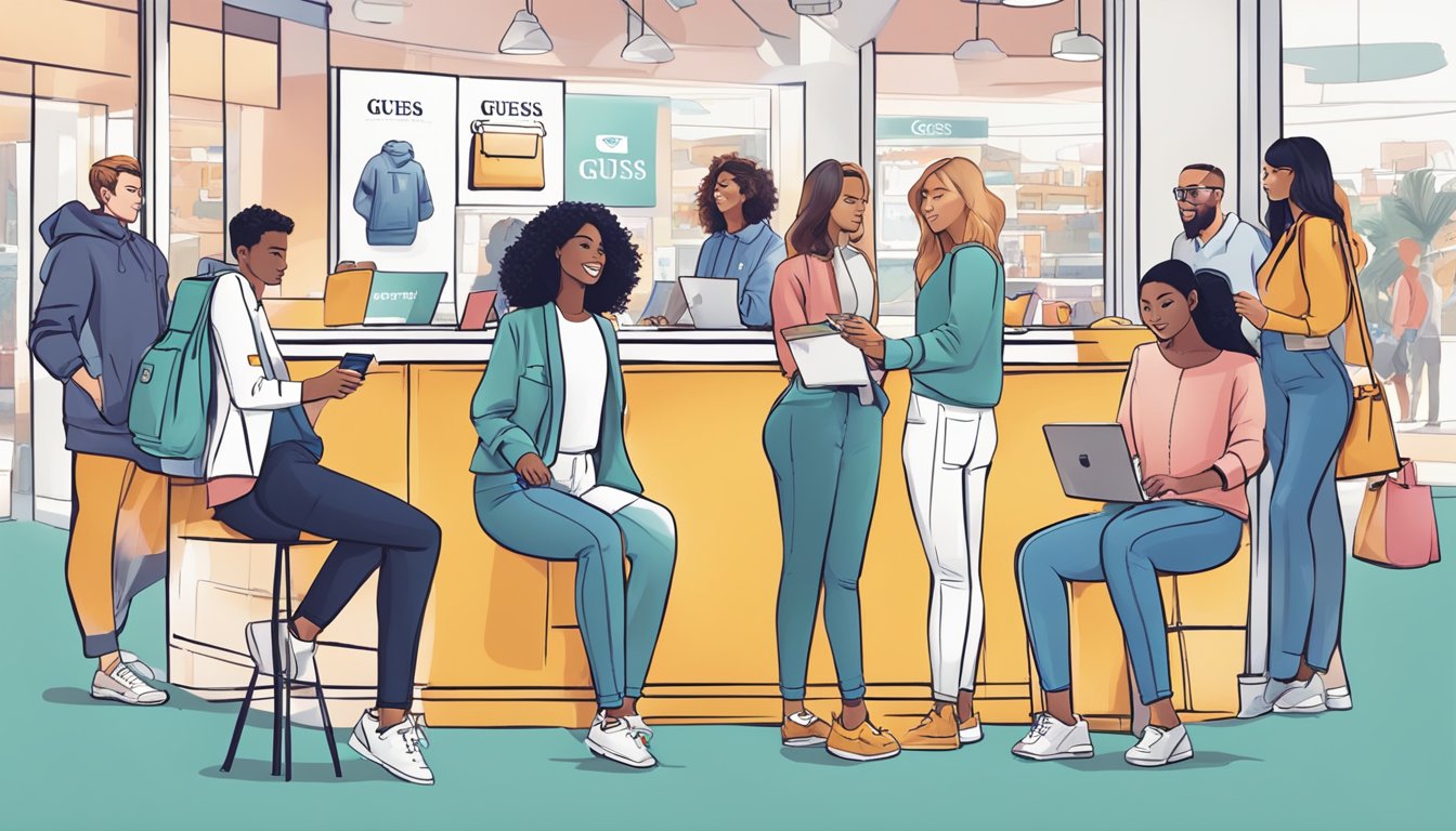 A group of people interacting with Guess products and sharing their experiences on social media. The Guess logo prominently displayed in the background