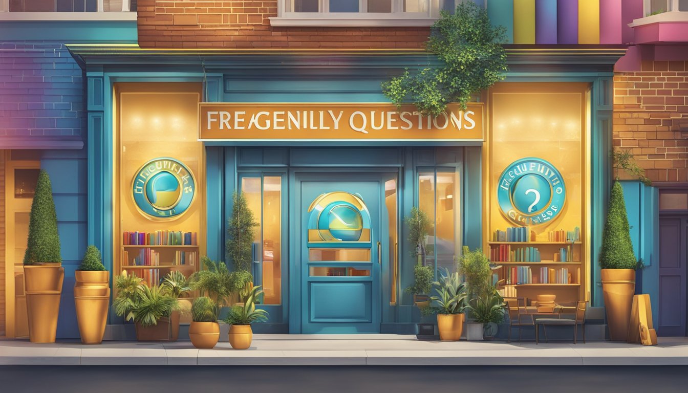A colorful, eye-catching sign with the words "Frequently Asked Questions" and the Guess brand logo prominently displayed