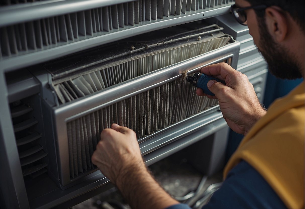 A person using a screwdriver to tighten HVAC system bolts. Another person replacing the air filter. A third person vacuuming dust from the vents