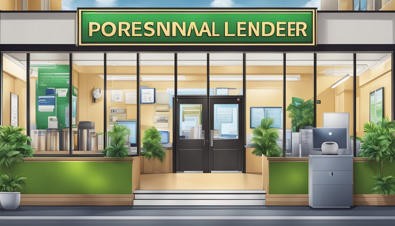 A licensed money lender's office with a prominent sign, professional staff, and secure transaction area