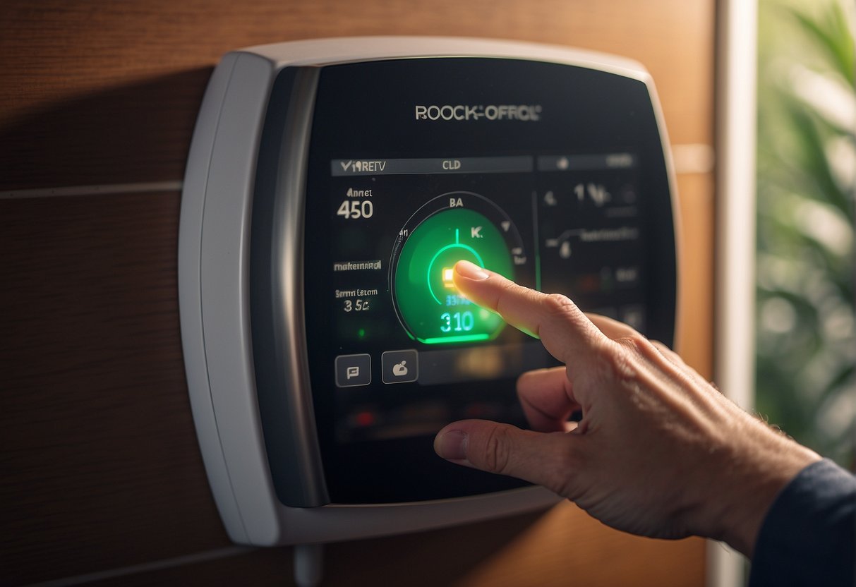 A hand adjusting a thermostat, a clean air filter, and a well-maintained HVAC system in a cozy home setting