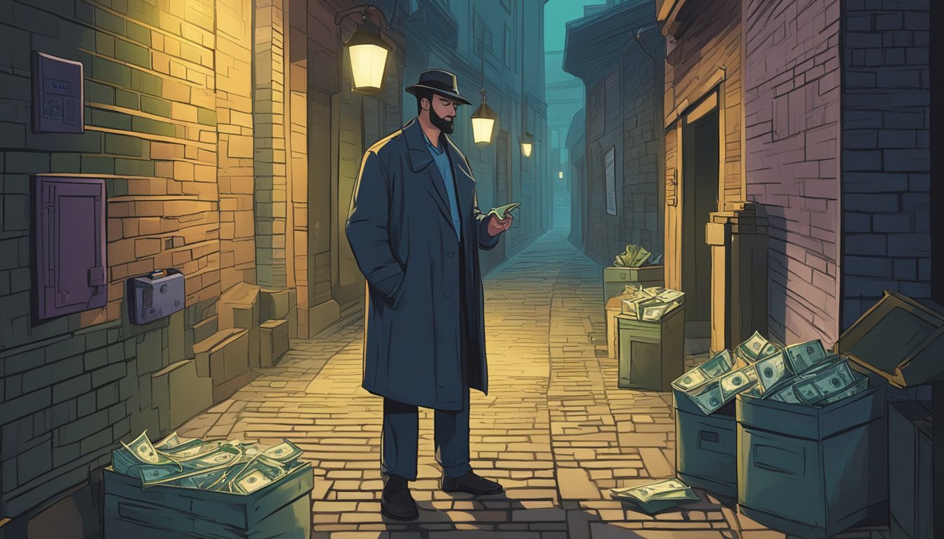 A shady figure counts cash in a dimly lit alley, while another lurks nearby, offering high-interest loans