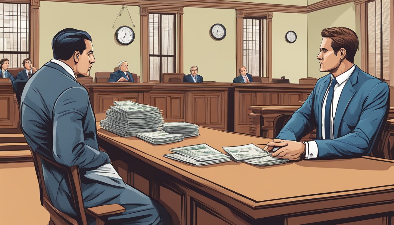 A private money lender confronts an unlicensed lender in a courtroom, while a licensed lender looks on. The tension is palpable as legal recourse is sought for debt collection