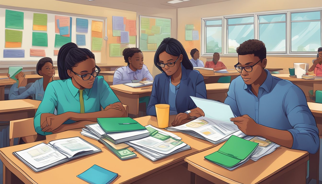A classroom with three figures: a private money lender, a licensed money lender, and an unlicensed money lender. Each figure is surrounded by financial literacy materials and resources
