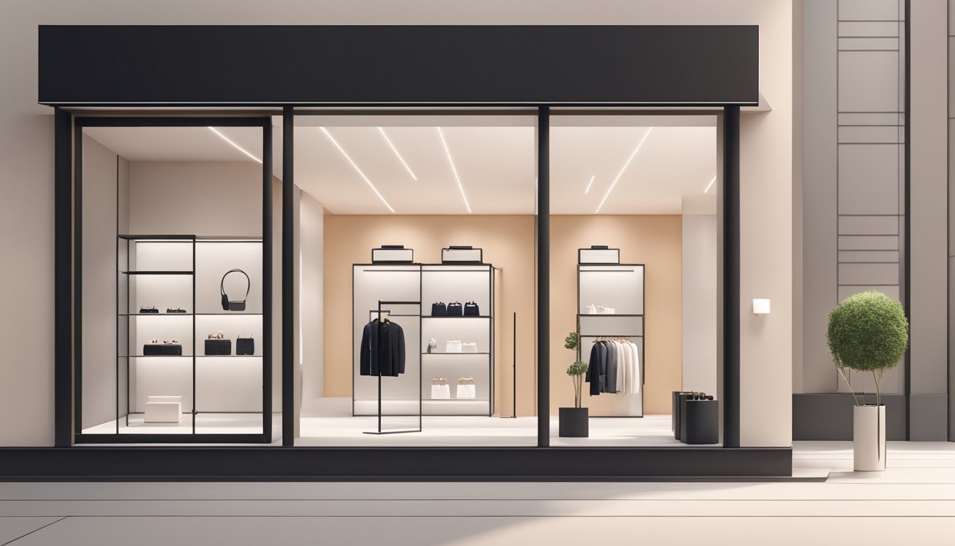A sleek, minimalist storefront with bold logo and clean lines. Bright, modern interior with stylish displays of luxury accessories