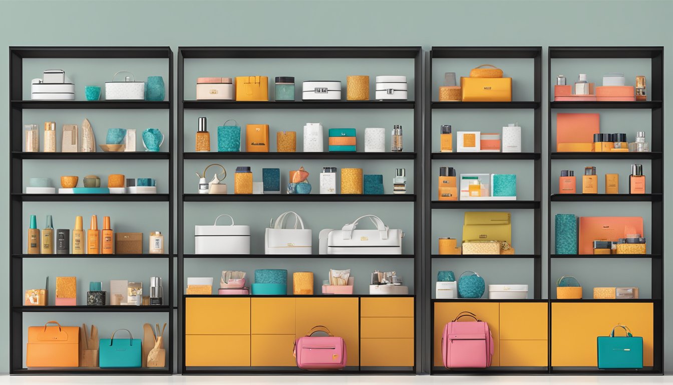 A display of various mcm brand products arranged on sleek shelves in a modern, minimalist setting