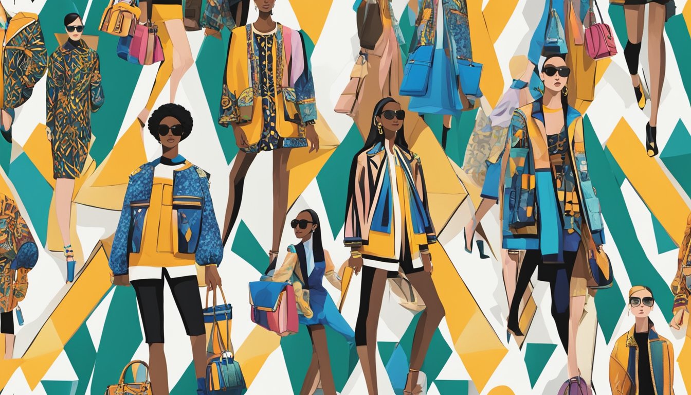 A vibrant runway show featuring MCM brand's fashion collaborations. Bold prints and luxurious materials take center stage, with models strutting confidently down the catwalk