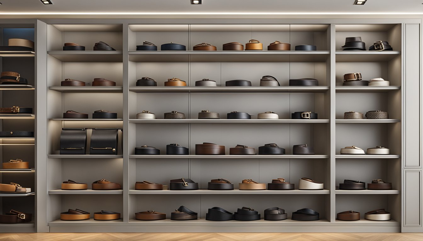 A display of high-end belt brands arranged on a sleek, modern shelf in a luxury boutique. The belts are made of fine leather and feature elegant buckles and exquisite craftsmanship