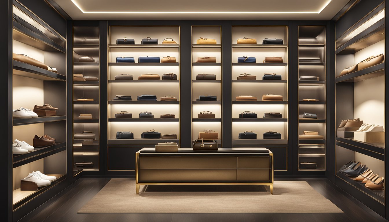 A luxurious display of high-end belt brands, arranged on sleek shelves with soft, warm lighting highlighting their exquisite craftsmanship and opulent materials