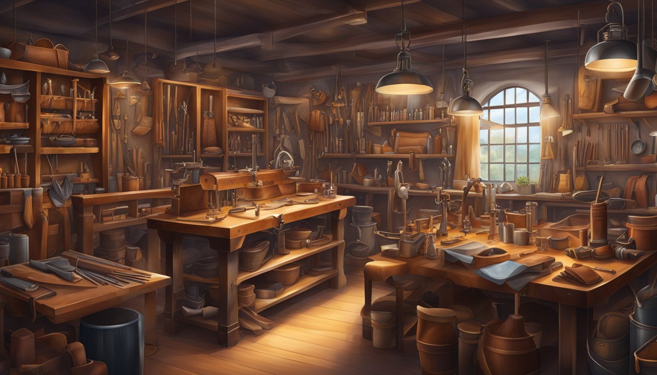 A leather workshop bustling with artisans, tools, and rich, supple hides. Shelves lined with exotic skins and gleaming hardware