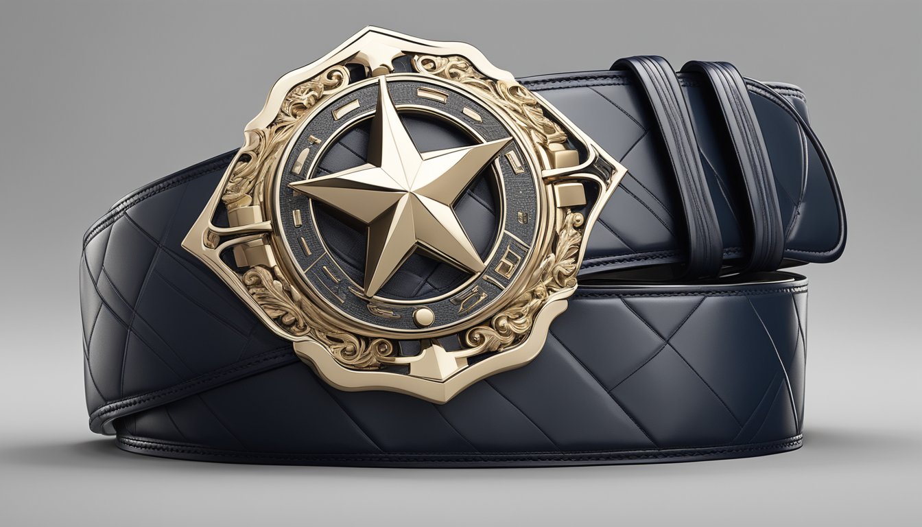 A sleek, luxurious belt is elegantly displayed on a polished surface, surrounded by high-end branding and sophisticated packaging