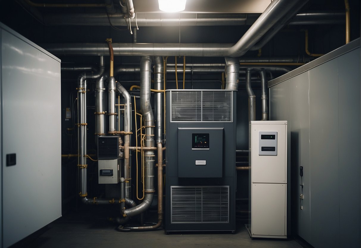 A furnace, air conditioner, and ductwork are connected to form an HVAC system. The furnace heats air, the air conditioner cools it, and the ductwork distributes it throughout the building