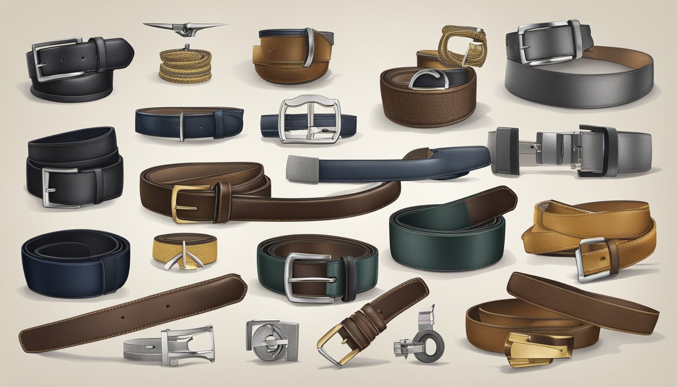A display of high-end belt brands with various styles and materials, accompanied by care instructions and tools