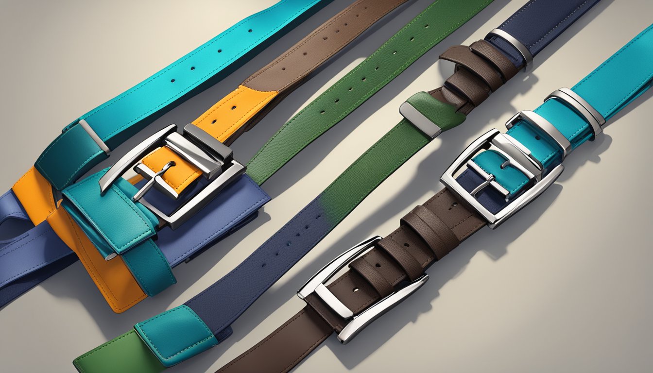 A display of sleek, modern belt designs with innovative features and luxurious materials. Trendy colors and patterns catch the eye