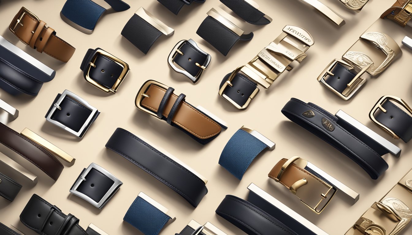 A display of luxury belt brands with logos, textures, and details. Displayed on a sleek, minimalist background with elegant lighting