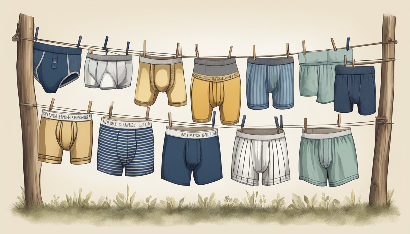 A timeline of men's underwear brands from traditional to modern styles displayed on a clothesline
