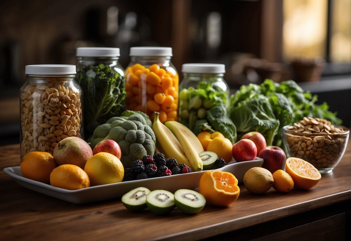 Various fruits and vegetables are spread out on a table, some in freeze-dried form and others in dehydrated form. A freeze-drying machine and a dehydrator are visible in the background