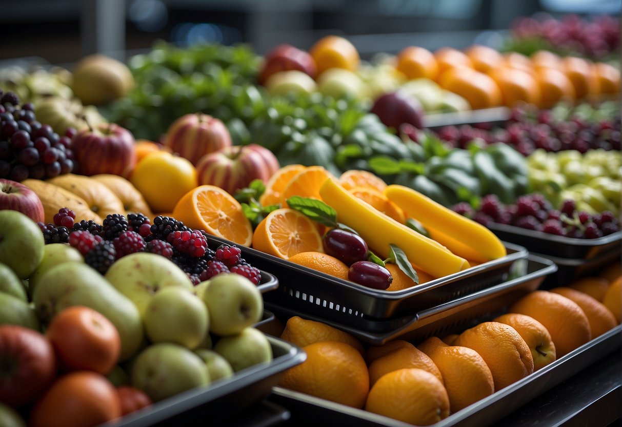 Fruits and vegetables laid out on trays, some frozen and others air-dried, showcasing the difference between freeze-drying and dehydrating processes