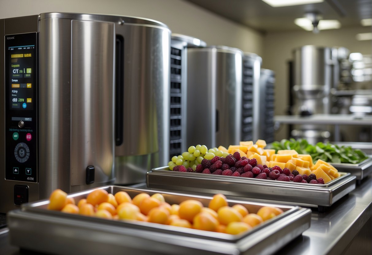 A freeze dryer and dehydrator sit side by side, each processing different foods. The freeze dryer has a sleek, modern design, while the dehydrator has a more traditional, rustic look. Both machines are surrounded by various fruits, vegetables,