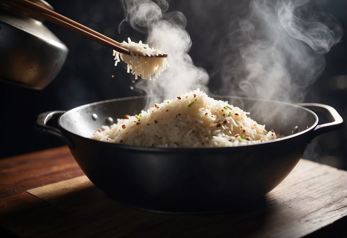A steaming wok filled with grated turnip, rice flour, and Chinese sausage. Steam rises as the mixture is poured into a square mold