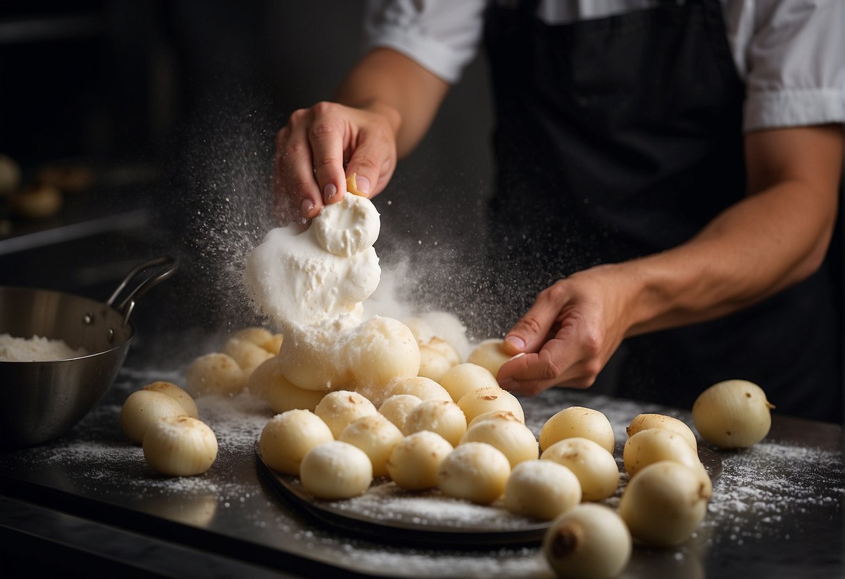 A chef grates turnips and mixes with flour, water, and seasoning. The mixture is poured into a mold and steamed until firm